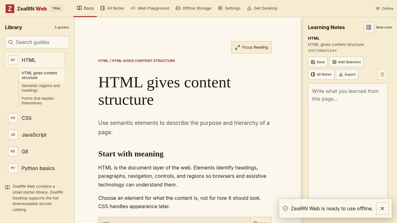ZealRN Web documentation reader with Learning Notes